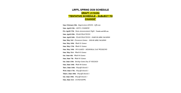 Spring 2026 Season Tentative Schedule