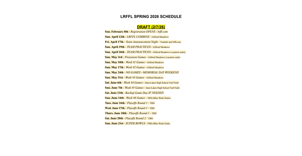 Spring 2026 Season Tentative Schedule