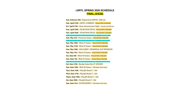 Spring 2026 Season Schedule