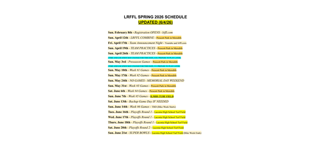 Spring 2026 Season Schedule