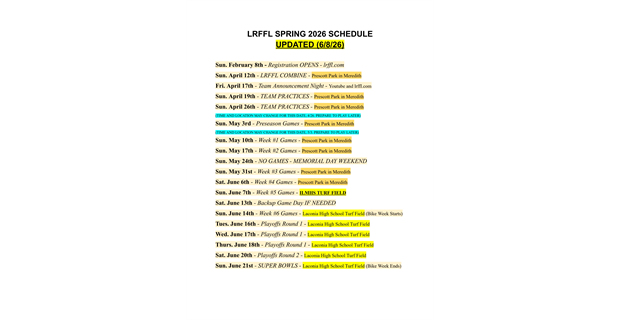 Spring 2026 Season Schedule